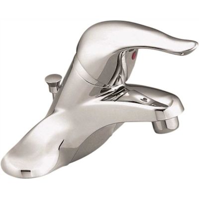 MOEN Chateau 4 in. Centerset Single Handle Low-Arc Bathroom Faucet with Metal Drain Assembly, Red/Blue Under Spout in Chrome