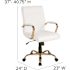 Flash Furniture Whitney Faux Leather Mid-Back Gold Frame Ergonomic Executive Swivel Office Chair in White with Arms