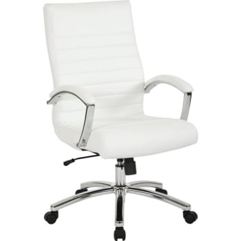 Worksmart Mid-Back Chair, White Faux Leather, Padded Arms And Chrome Finish Base