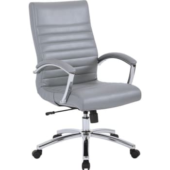 Worksmart Mid-Back Chair, Grey Faux Leather, Padded Arms And Chrome Finish Base