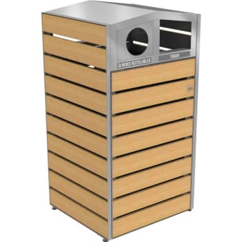Commercial Zone Products WoodView 48 Gallon Double-Sided Recycling /Waste Container w/ Dome Lid (Beige/Silver)