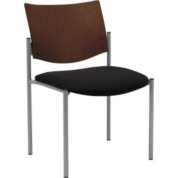 KFI Side Guest Chair With Chocolate Wood Back, Black Fabric Seat, Silver Frame