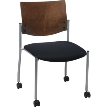KFI Caster Chair W/Chocolate Wood Back, Armless, Black Fabric Seat, Silver Frame