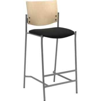 KFI Barstool With Natural Wood Back, Black Fabric Seat, Silver Frame