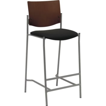 KFI Barstool With Chocolate Wood Back, Black Fabric Seat, Silver Frame