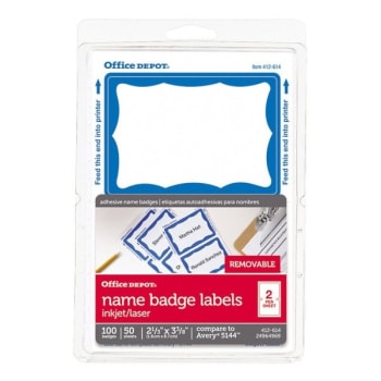 Office Depot® Blue Name Badge Label, 2-1/3" x 3-3/8", Package of 100