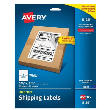Avery® White Ultrahold/TrueBlock Technology Inkjet Shipping Label, Package Of 50
