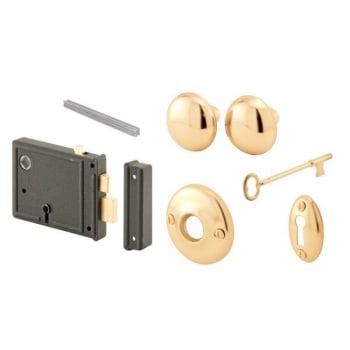 Image for Defender Security Horizontal Trim Lock Set, 3-3/8in, Black Housing Brass Knobs from HD Supply