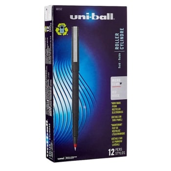 Uni-Ball® Red W/black Barrel Micro Point Rollerball Stick Pen 0.5mm, Pack Of 12