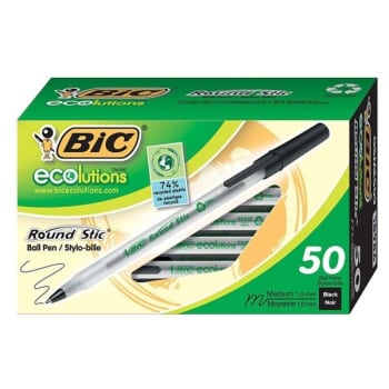 BIC® Round Stic® Ecolutions Black W/Translucent Barrel Medium Ball Pen 1mm 50Pk