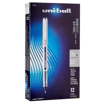 Uni-Ball® Vision Black W/Gray Barrel Fine Rollerball Pen 0.7mm, Package Of 12