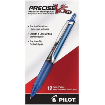 Pilot Precise V5 Blue/Blue Retractable Rollerball Pen 0.5mm, Package Of 12