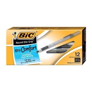 BIC® Round Stic® Grip Black Extra-Comfort Ballpoint Pen .8mm, Box Of 48