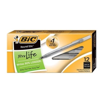 BIC® Round Stic® Black W/Translucent Barrel Medium Point Ballpoint Pen 1mm 48/Bx