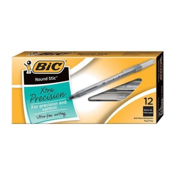 BIC® Round Stic® Black W/Translucent Barrel Fine Point Ballpoint Pen 0.8mm 48/Bx