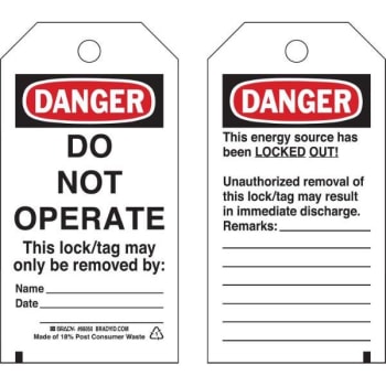 Brady® Lockout Tags- Danger Do Not Operate This Lock Tag Package Of 25