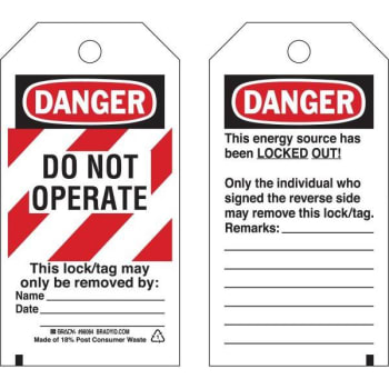 Brady® Lockout Tags- Danger Do Not Operate This Lock/tag Polyester Package Of 25