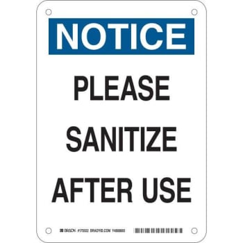 Image for Brady® "please Sanitize After Use" Aluminum Sign, 10"h X 7"w from HD Supply
