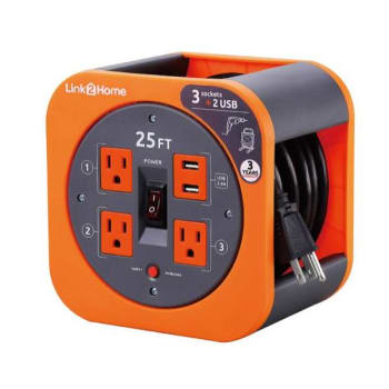 Link2Home Durable 25 ft Extension Cord Reel Orange w/ 3-Power Outlet and 2-USB Port
