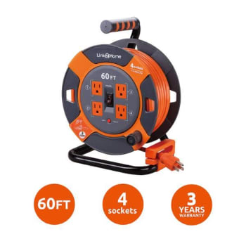 Link2Home Durable 60 ft Heavy-Duty Extension Cord Reel w/ 4-Power Outlet and 14 AWG Cable
