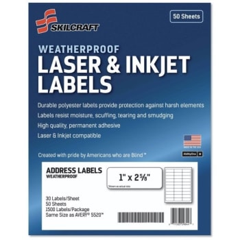 Image for SKILCRAFT Weatherproof Mailing Labels, 1 X 2.63, White, 30/Sheet, 50 Sheets from HD Supply
