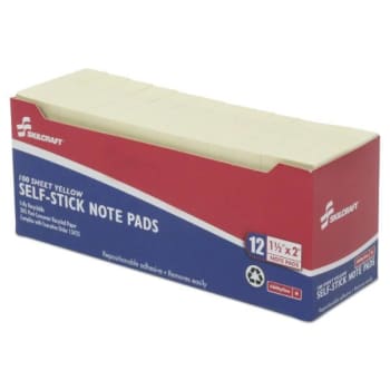 Skilcraft Self-Stick Note Pads, 1 1/2 X 2, Unruled, Yellow, 100 Shts, Package Of 12