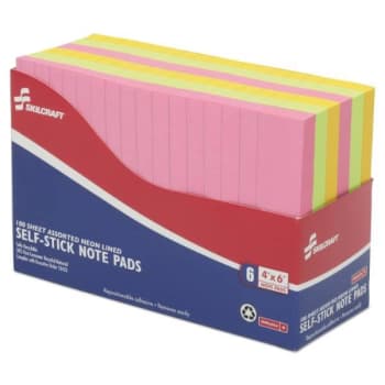 Image for SKILCRAFT Self-Stick Note Pads, 4 X 6, Ruled, Assorted Neon Colors, Package Of 6 from HD Supply