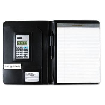 Skilcraft Black Leather Look Portfolio, Solar Calculator/Writing Pad/Pen