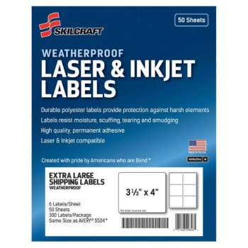 Image for SKILCRAFT Weatherproof Mail Labels, Printer, 3.33 X 4, White, 6/Sheet, 50 Sheets from HD Supply