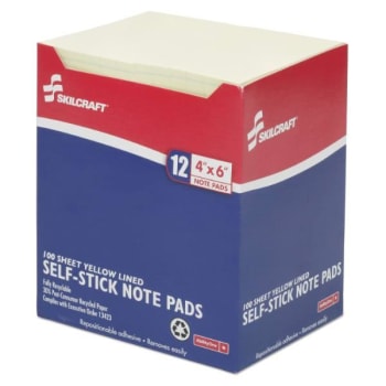 Skilcraft Self-Stick Note Pads, 4 X 6, Lined, Yellow, 100 Sheets, Package Of 12