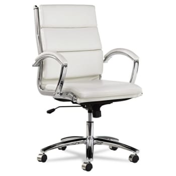 Alera® Neratoli Mid-Back Swivel/Tilt Chair, White Faux Leather, Chrome Frame