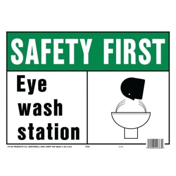 HY-KO "Safety First Eye Wash Station" Sign, Polyethylene, 14 x 10", Package Of 5