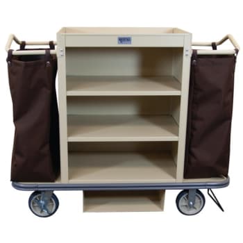 Image for Royal Basket Trucks Deluxe Housekeeping Cart, Beige, 3 Shelves, Includes 2 Bags from HD Supply