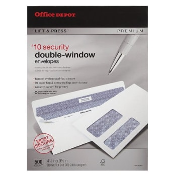 Image for Office Depot® Lift & Press #10 White Double Window Envelope Box Of 500 from HD Supply
