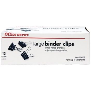 Office Depot Binder Clips, Large, 2in Wide, 1" Capacity, Black, Package Of 12