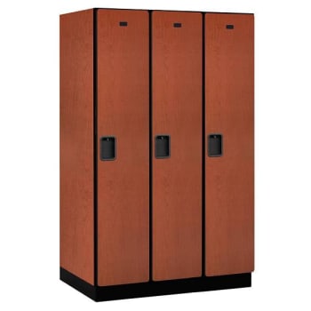 Salsbury Industries 15" Wide Single Tier, 3 Wide Wood Lockers, 24" Deep, Cherry