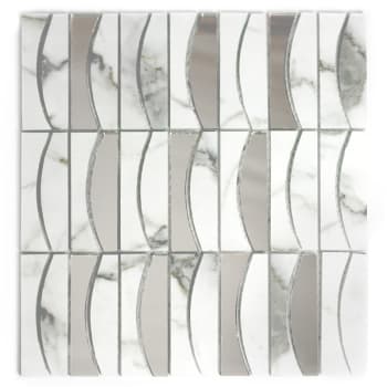 Abolos 3 in x 3 in Bianco Carrara Matte Glass Geometric Mosaic Tile, Case Of 10