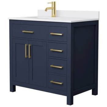 Image for Wyndham Beckett 36" Dark Blue Single Vanity, White Marble Top, Gold Trim from HD Supply