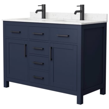 Wyndham Beckett 48" Dark Blue Double Vanity, Carrara Marble Top, Black Trim