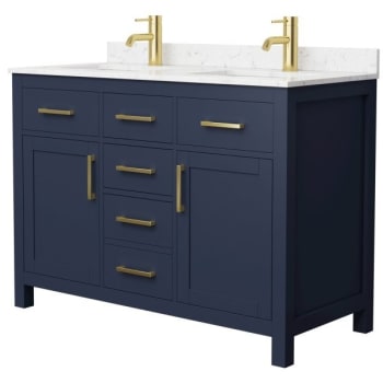 Image for Wyndham Beckett 48" Dark Blue Double Vanity, Carrara Marble Top, Gold Trim from HD Supply