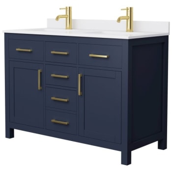 Image for Wyndham Beckett 48" Dark Blue Double Vanity, White Marble Top, Gold Trim from HD Supply