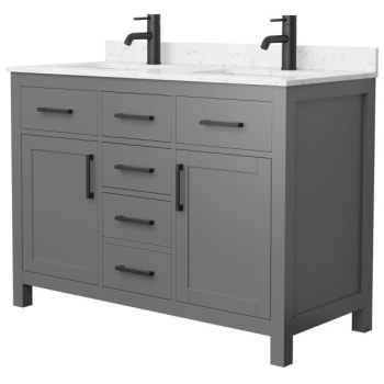 Wyndham Beckett 48" Dark Gray Double Vanity, Carrara Marble Top, Black Trim