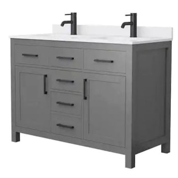 Wyndham Beckett 48" Dark Gray Double Vanity, White Marble Top, Black Trim