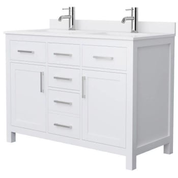 Wyndham Beckett 48" White Double Vanity, White Marble Top, Nickel Trim