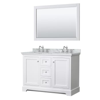 Wyndham Avery 48" White Double Vanity, Carrara Marble, Oval Sinks, 46" Mirror