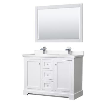 Wyndham Avery 48" White Double Vanity, White Marble Top, 46" Mirror