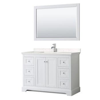 Wyndham Avery 48" White Single Vanity, Carrara Marble Top, 46" Mirror