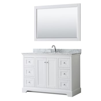 Wyndham Avery 48" White Single Vanity, Carrara Marble Top, Oval Sink, 46" Mirror