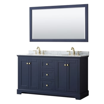 Wyndham Avery 60" Dark Blue Double Vanity, Carrara Marble, Oval Sinks, Mirror