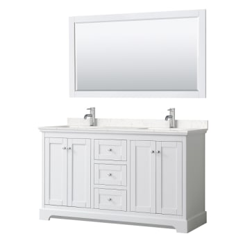 Wyndham Avery 60" White Double Vanity, Carrara Marble Top, 58" Mirror